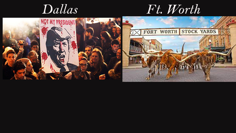 Two Different Events...one in Dallas and one in Ft. Worth, on the Same Day ...Sums up the Difference between the two cities!